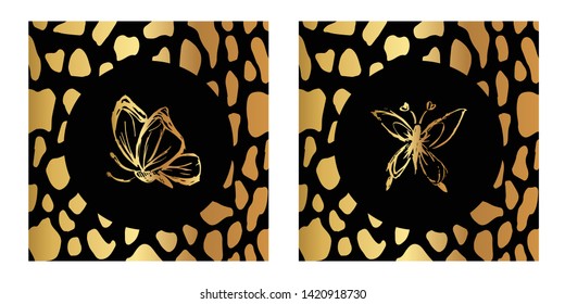 Vector Illustration of Gold Card, Poster and Wallpaper of Butterfly Icon with Leopard Print. Graphic Design For Background, Template, Decoration and More. 