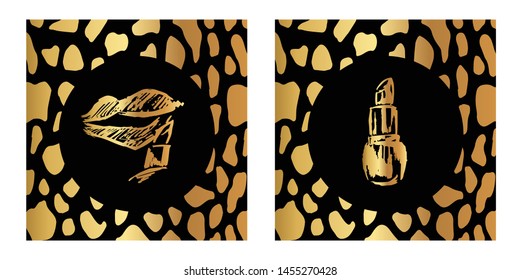 Vector Illustration of Gold Card, Poster and Wallpaper of Makeup Lipstick Icon or Drawing. Graphic Design For Background, Template, Decoration and More.