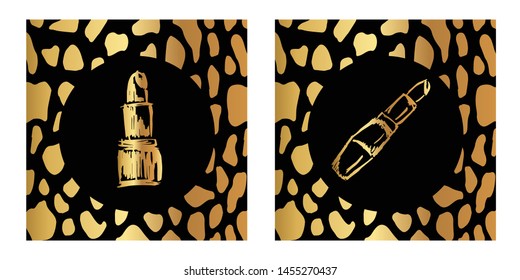 Vector Illustration of Gold Card, Poster and Wallpaper of Makeup Lipstick Icon or Drawing. Graphic Design For Background, Template, Decoration and More.