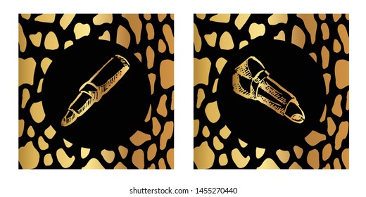 Vector Illustration of Gold Card, Poster and Wallpaper of Makeup Lipstick Icon or Drawing. Graphic Design For Background, Template, Decoration and More.