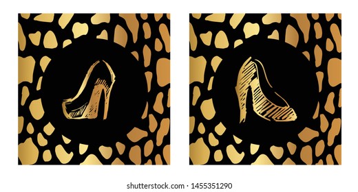 Vector Illustration of Gold Card, Poster and Wallpaper of Female Heels Shoes Icon or Drawing. Graphic Design For Background, Template, Decoration and More.