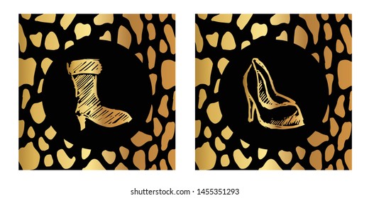 Vector Illustration of Gold Card, Poster and Wallpaper of Female Heels Shoes Icon or Drawing. Graphic Design For Background, Template, Decoration and More.