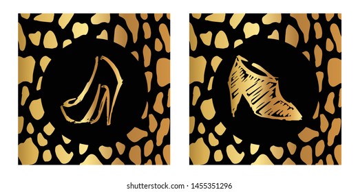 Vector Illustration of Gold Card, Poster and Wallpaper of Female Heels Shoes Icon or Drawing. Graphic Design For Background, Template, Decoration and More.