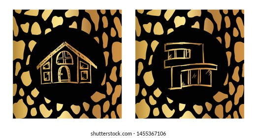 Vector Illustration of Gold Card, Poster and Wallpaper of House or Building Icon or Drawing. Graphic Design For Background, Template, Decoration and More.