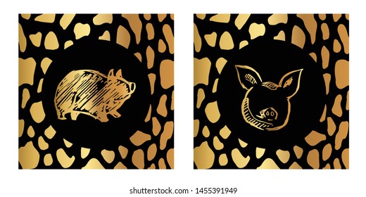 Vector Illustration of Gold Card, Poster and Wallpaper of Pig Animal Icon or Drawing. Graphic Design For Background, Template, Decoration and More.