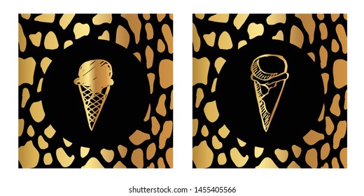 Vector Illustration of Gold Card, Poster and Wallpaper of Ice Cream Dessert Food Icon or Drawing. Graphic Design For Background, Template, Decoration and More.