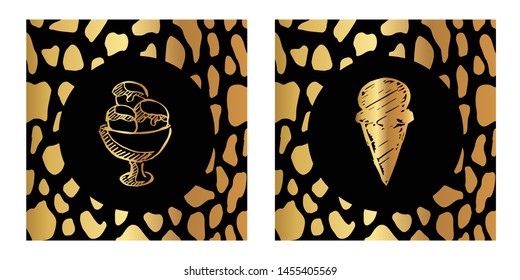 Vector Illustration of Gold Card, Poster and Wallpaper of Ice Cream Dessert Food Icon or Drawing. Graphic Design For Background, Template, Decoration and More.