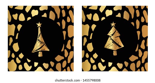 Vector Illustration of Gold Card, Poster and Wallpaper of Christmas Tree Icon with Leopard Print. Graphic Design For Background, Template, Decoration and More.