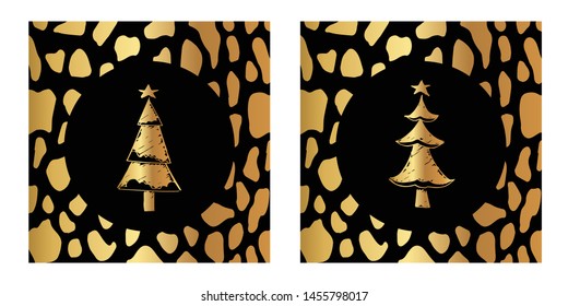 Vector Illustration of Gold Card, Poster and Wallpaper of Christmas Tree Icon with Leopard Print. Graphic Design For Background, Template, Decoration and More.