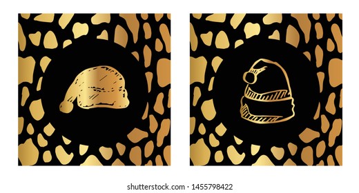 Vector Illustration of Gold Card, Poster and Wallpaper of Christmas Santa Hat Icon with Leopard Print. Graphic Design For Background, Template, Decoration and More.