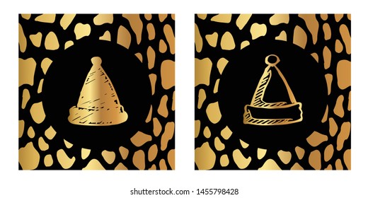 Vector Illustration of Gold Card, Poster and Wallpaper of Christmas Santa Hat Icon with Leopard Print. Graphic Design For Background, Template, Decoration and More.