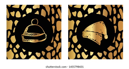 Vector Illustration of Gold Card, Poster and Wallpaper of Christmas Santa Hat Icon with Leopard Print. Graphic Design For Background, Template, Decoration and More.