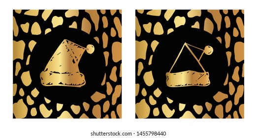 Vector Illustration of Gold Card, Poster and Wallpaper of Christmas Santa Hat Icon with Leopard Print. Graphic Design For Background, Template, Decoration and More.