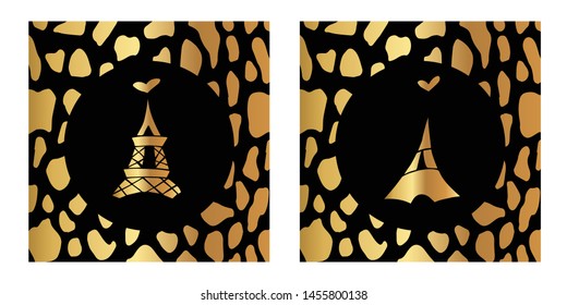 Vector Illustration of Gold Card, Poster and Wallpaper of Paris Eiffel Tower Icon with Leopard Print. Graphic Design For Background, Template, Decoration and More.