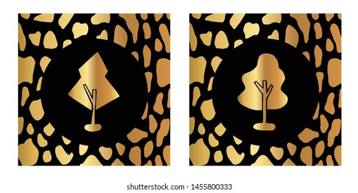 Vector Illustration of Gold Card, Poster and Wallpaper of Nature Tree Icon with Leopard Print. Graphic Design For Background, Template, Decoration and More.