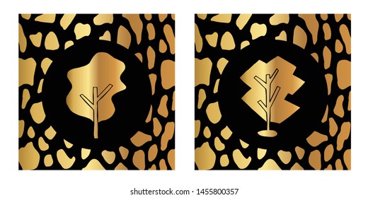 Vector Illustration of Gold Card, Poster and Wallpaper of Nature Tree Icon with Leopard Print. Graphic Design For Background, Template, Decoration and More.
