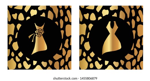 Vector Illustration of Gold Card, Poster and Wallpaper of Female Dress Icon with Leopard Print. Graphic Design For Background, Template, Decoration and More.