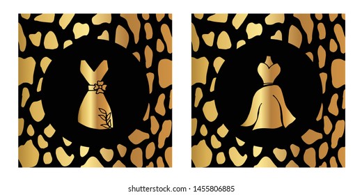 Vector Illustration of Gold Card, Poster and Wallpaper of Female Dress Icon with Leopard Print. Graphic Design For Background, Template, Decoration and More.