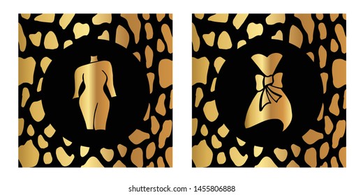 Vector Illustration of Gold Card, Poster and Wallpaper of Female Dress Icon with Leopard Print. Graphic Design For Background, Template, Decoration and More.