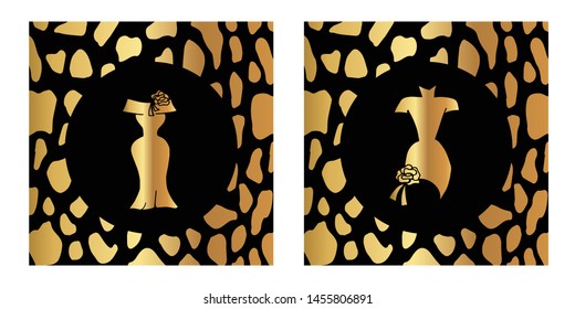 Vector Illustration of Gold Card, Poster and Wallpaper of Female Dress Icon with Leopard Print. Graphic Design For Background, Template, Decoration and More.