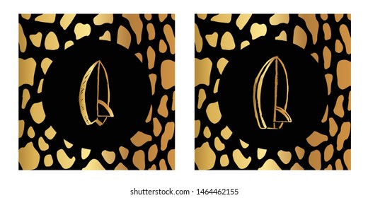 Vector Illustration of Gold Card, Poster and Wallpaper of Surfboard Icon or Drawing. Graphic Design For Background, Template, Decoration and More.
