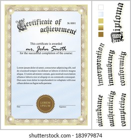 Vector illustration of gold certificate. Template. Vertical. Additional design elements.