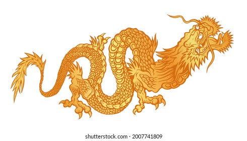 Vector illustration of a gold Chinese dragon on isolated background. Golden asian dragon.