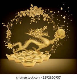 Vector illustration of a gold Chinese dragon on black background. Golden asian dragon.