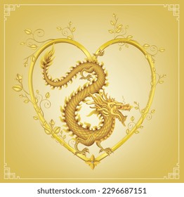 Vector illustration of a gold Chinese dragon on gold background. Golden asian dragon.