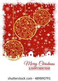 Vector illustration. Gold Christmas balls decorated with a delicate pattern on a background of falling snowflakes. Design for greeting cards, banners, posters.