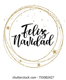 Vector illustration of gold christmas circle frame with 'Feliz Navidad' lettering. Sketched for postcard or celebration design. 