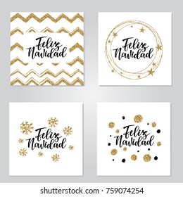 Vector illustration of gold christmas gold set with 'Feliz Navidad' lettering. Sketched for postcard or celebration design. 