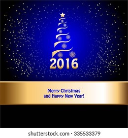 Vector illustration of Gold christmas tree and ribbon on a blue with stars background.