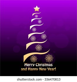 Vector illustration of Gold Christmas Tree on a purple background.