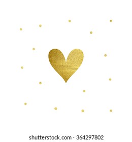 Vector illustration of gold circles and hand drawn heart. Card of polka dots. 
