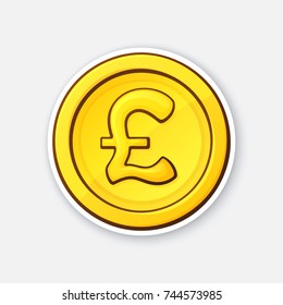 Vector illustration. Gold coin of British pound. Cash money. Symbol of business, economy and finance. The symbol of world currencies. Sticker with contour. Isolated on white background