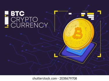Una ilustración vectorial de una moneda de oro de una criptodivisa se encuentra en un chip de computadora con líneas de procesamiento de datos