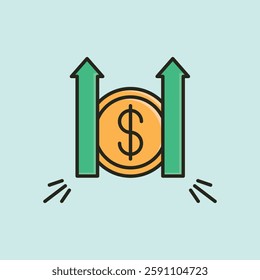 A vector illustration of a gold coin with a dollar sign, flanked by two green upward arrows, symbolizing financial growth, economic improvement, or market rise.