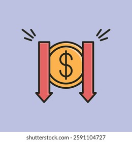 A vector illustration of a gold coin with a dollar sign, flanked by two red downward arrows, symbolizing financial decline, economic loss, or market downturn.