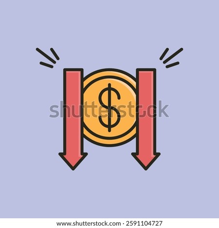 A vector illustration of a gold coin with a dollar sign, flanked by two red downward arrows, symbolizing financial decline, economic loss, or market downturn.