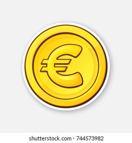 Vector illustration. Gold coin of European Union euro. Cash money. Symbol of business, economy and finance. The symbol of world currencies. Sticker with contour. Isolated on white background