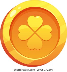 Vector illustration of gold coin with four leaf clover on transparent background. Symbol of luck and wealth