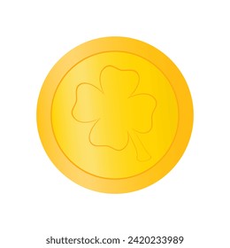 Vector illustration. Gold coin with four leaf clover isolated. Symbol of St. Patrick's Day