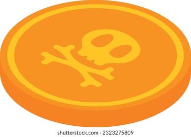 Vector illustration of a gold coin with a human skull and crossbones. Pirate gold. Treasure.