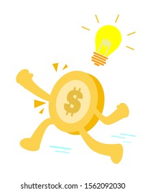 vector illustration gold coin with light inspiration flat design cartoon style