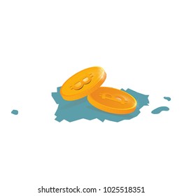 Vector illustration: Gold coins with Bitcoin sign and map silhouette of Puerto Rico.