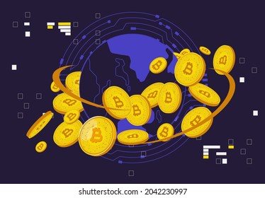 Vector illustration of gold coins of cryptocurrencies spinning around the planet earth, futuristic design of elements on the background