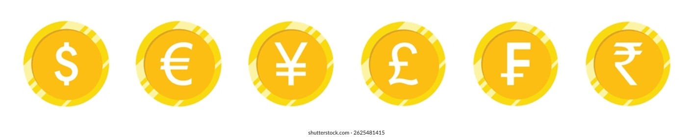  Vector illustration of gold coins with currency symbols Dollar, Euro, Yen, Pound, Ruble, and Rupee. Perfect for finance, banking, investment, forex, or global economy-related themes.