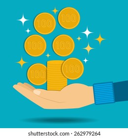 Vector illustration. Gold coins fall into the hand. Passive income. Flat design.