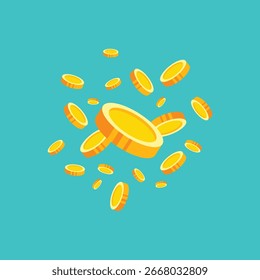 Vektorgrafik von Goldmünzen, die auf lebhaftem blauem Hintergrund fallen. Perfekt für Finanz-, Glücksspiel- und Erfolgsthemen. Für Promotions, Verkäufe oder Finanzkonzepte verwenden